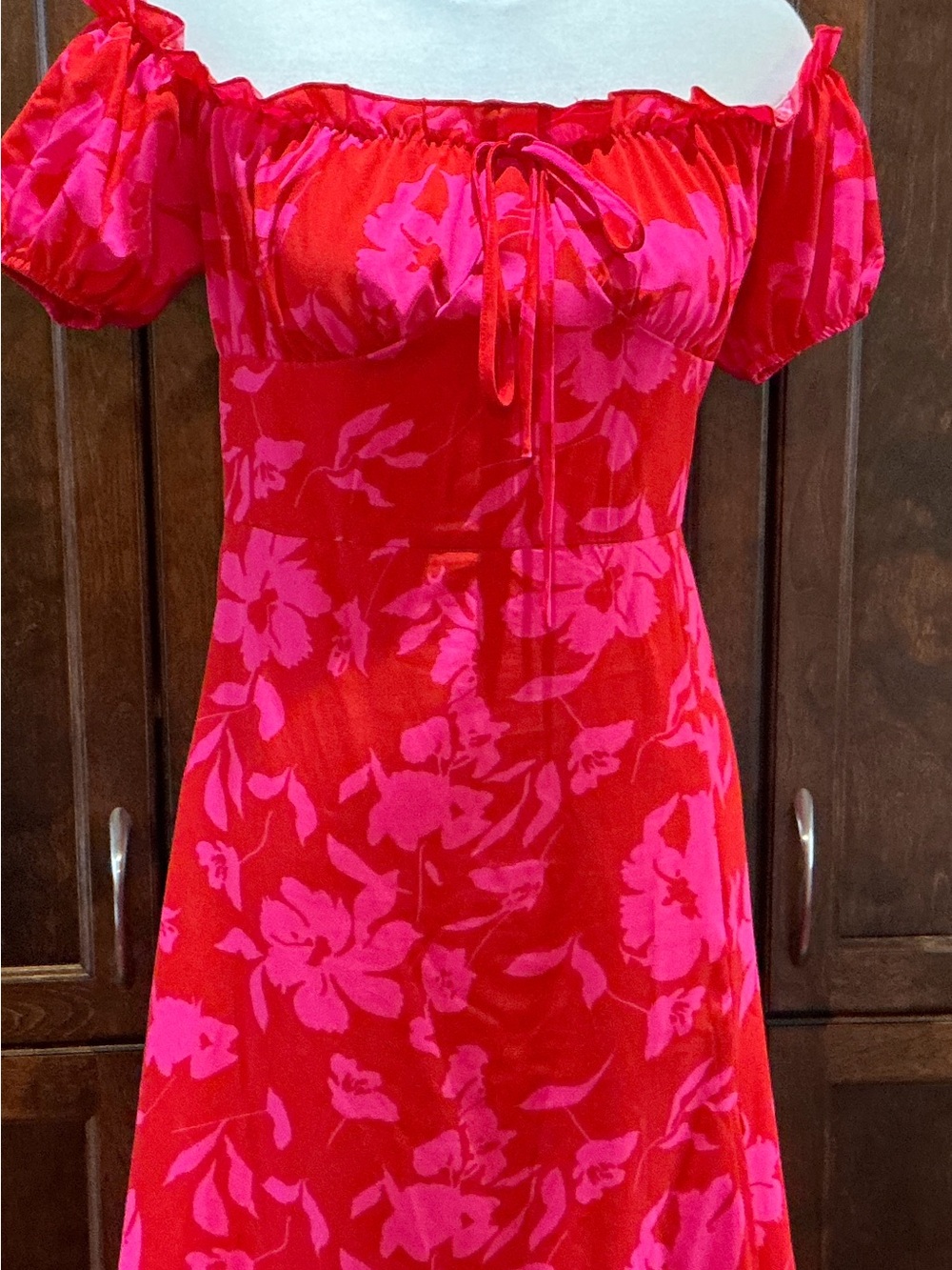 Red and Hot Pink Floral Off-Shoulder Midi Dress